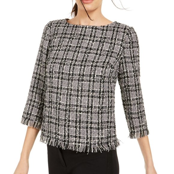 Anne Klein Tops - ANNE KLEIN plaid fringe tweed blouse black Sz XL